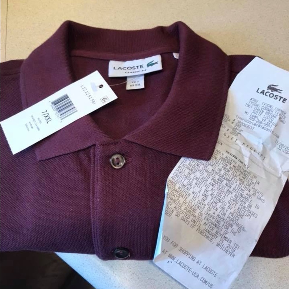 NWT Lacoste Men’s Polo XXL, Wine/Burgundy